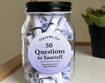 50 Fragen an sich selbst, Fragen zur Selbstreflexion, Affirmationsglas, Achtsamkeit, persönliches Wachstum, Geschenk für psychische Gesundheit, Stressabbau