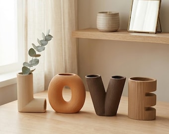 Juego de jarrones de cerámica marrón LOVE, decoración bohemia para el hogar, jarrones con letras en tonos tierra, cerámica acanalada estilo terracota, juego de 4 jarrones para flores, regalo bohemio único