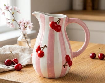 Jarrón de cerámica con diseño de cerezas rosas, jarrón de flores hecho a mano con estampado de frutas, decoración para el hogar adorable y coqueta, regalo estético para chicas amantes de las cerezas, cerámica única con diseño de cerezas rojas.