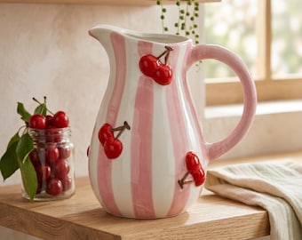 Pink Cherry Ceramic Pitcher Handmade Fruit Pattern Carafe Cute Coquette Kitchen Decor Aesthetic Cherry Girl Water Jug Retro Hand-Painted Pot