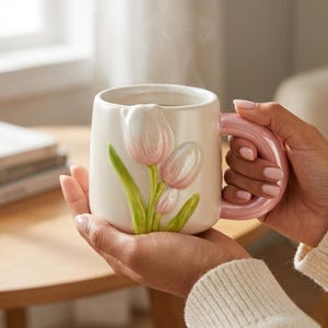 以下が含まれることがあります： ピンク色の持ち手と浮き彫りのチューリップのデザインが施された白いセラミックマグ。 チューリップはピンクと白で、緑の葉が付いています。 マグカップから湯気が立ち上っています。