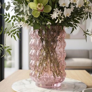 Glazen vaas roze bubbels, hoge minimalistische bloemenvaas, luxe doorschijnende blushpot, chique eettafelstuk, cadeau voor plantenliefhebber
