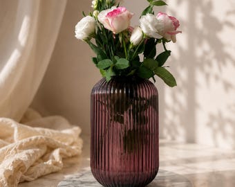 Purple Glass Vase, Ribbed Fluted Flower Vase, Vibrant Violet Glass Decor, Modern Ribbed Centerpiece, Elegant Home Gift Aesthetic Room Accent