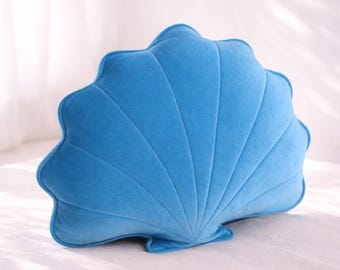 Blue Shimmering Shell Pillow Ocean Blue Velvet Seashell Cushion Mermaidcore Aesthetic Decor Coastal Home Gift Blue Marine Style Throw Pillow