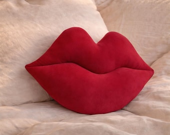 Cojín de labios rojos, peluche de terciopelo con forma de boca, decoración estética carmesí, cojín llamativo, accesorio de habitación rojo cereza, juguete de arte pop, regalo acogedor