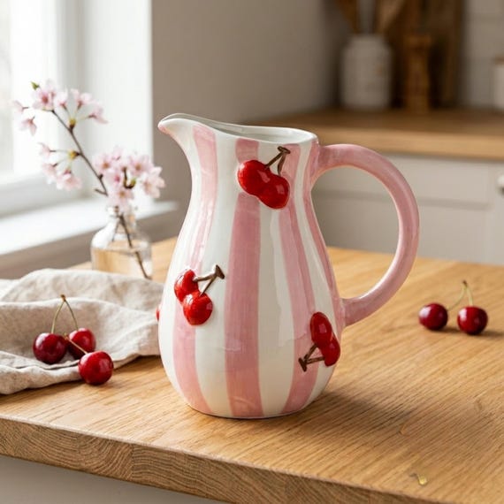 Pink Cherry Ceramic Vase, Handmade Fruit Pattern Flower Vase, Cute Coquette Home Decor, Aesthetic Cherry Girl Gift Unique Red Cherry Pottery