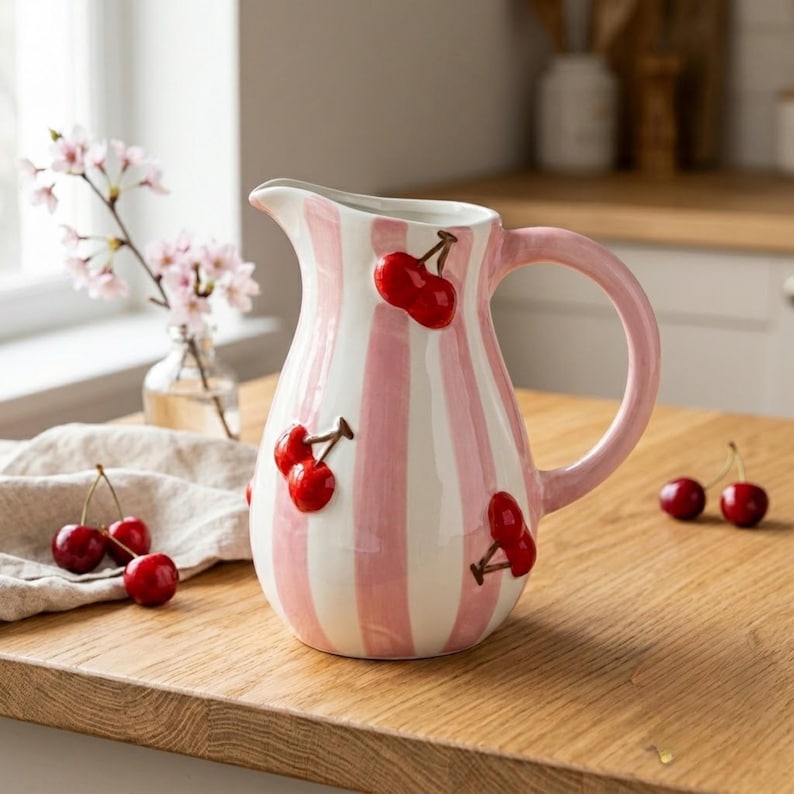May include: A white and pink striped ceramic pitcher with a curved handle. The pitcher is decorated with raised red cherry designs. The pitcher is sitting on a wooden surface.