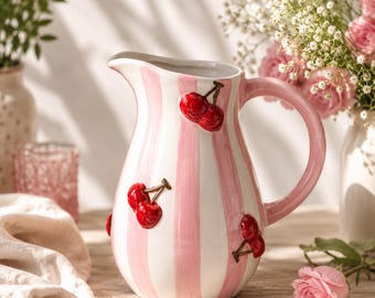 Pink Cherry Ceramic Vase, Cute Cottagecore Room Decor, Fruit Motif Flower Pot, Aesthetic Ceramic Bud Vase, Cozy Farmhouse Mantel Decor