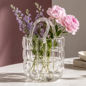 Jarrón de bolso de cristal, maceta con forma de bolso 3D, decoración original y ecléctica para la sala de estar, accesorio transparente para bolso, regalo de boda único
