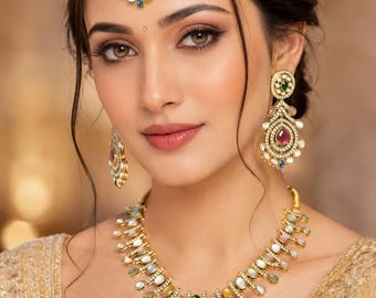 Asian Bridal set Navratna Semi preciousstone necklace jewelry for south Asian Bride