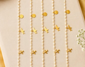 5-Piece Gold Pearl Hair Chains | Boho Festival Jewelry with Coin & Airplane Charms