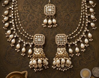 Mirror Jhumka Maangtika with Sahara earchain| Pakistani Earrings tikka with Pearl Chain