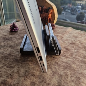 Handmade Wooden Vertical Laptop Stand: Rustic Desk Organizer