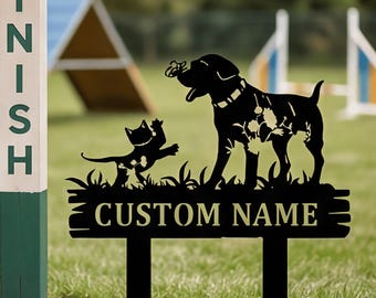 Estaca de jardín personalizada para mascotas, letrero metálico personalizado de gato y perro, regalo de arte animal de la naturaleza para amantes de las mascotas.