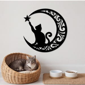 Gato Luna y Estrella, letrero de metal, decoración celestial, arte mural de bruja, decoración de gato lunar, regalo de astrología, adorno de pared de metal