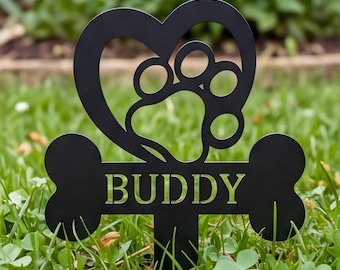 Estaca conmemorativa para perros con forma de corazón y huella de pata, nombre personalizado, marcador de tumba para mascotas, placa de recuerdo de metal, regalo de condolencia por la pérdida de un perro, arte para jardín.
