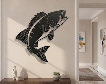 Sea Bass Metal Wall Art - Fishing Trophy Sign - Large Coastal Beach House Decor