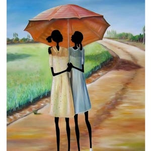 May include: An artistic painting depicts two figures under an orange umbrella on a sunny day. The figures, in silhouette, wear dresses in pastel yellow and blue, standing on a dirt path. The background features a green field and a blue sky.