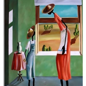 May include: An abstract painting depicts two figures in a room with a window overlooking a landscape. One figure wears a red dress and the other wears blue overalls. A small table with a red cloth and a vase is in the room. The figures wear hats.