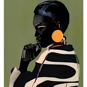May include: An artistic portrait of a person with dark skin, wearing large orange earrings. The person is dressed in a black and white patterned top, with a hand raised to the face in a thoughtful pose. The background is a muted green.