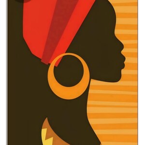 May include: A stylized illustration of a woman's profile in silhouette. The image features a red head wrap, large orange hoop earring, and a yellow and orange patterned collar. The background has orange horizontal stripes.