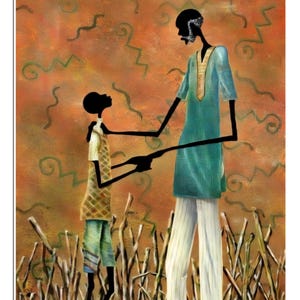 May include: An artistic painting depicts two silhouetted figures, one tall and one shorter, with elongated limbs. The taller figure wears a blue tunic and white pants, while the shorter figure is in a patterned shirt and shorts. The background is a textured orange with abstract shapes.