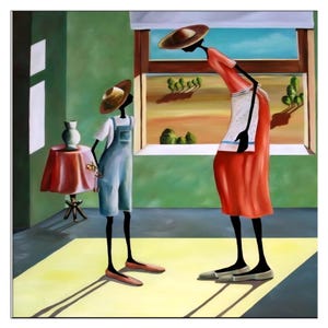 May include: An abstract painting depicts two figures in a room with a window. One figure wears a red dress and a hat, the other wears blue overalls and a hat. A table with a red cloth and a vase are in the background. The style is minimalist.