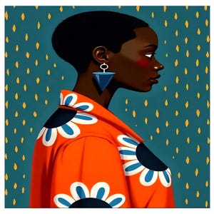 May include: An illustration of a person in profile, wearing a bright orange jacket with large white and blue floral designs. The person has short black hair, blue geometric earrings, and a teal background with yellow accents.