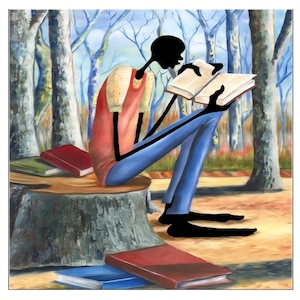 May include: An abstract painting depicts a figure reading a book while seated on a tree stump. The figure is wearing a red top, blue pants, and black shoes. Several books are scattered around the stump, set against a backdrop of a forest.