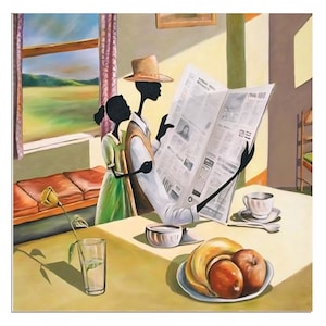 May include: An oil painting depicts a couple reading a newspaper at a table set for breakfast. A woman in a green dress stands beside a man wearing a hat and vest. A plate of fruit, a cup of coffee, and a glass of water are on the table.