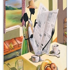 May include: An artistic painting depicts a couple reading a newspaper indoors. A woman in a green dress stands beside a man wearing a hat, reading the paper. A table holds a plate of fruit, a cup of coffee, and a glass with a yellow flower.