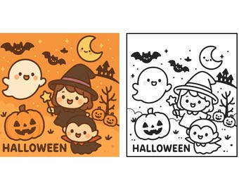 Kawaii Halloween Coloring Page – Instant Digital Download
