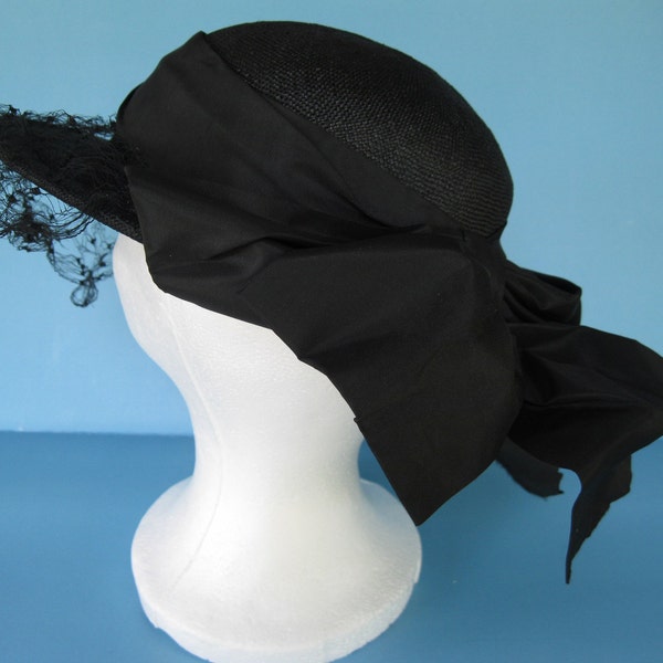 Black Raffia Straw Hat with Veil and Bow Vintage Steampunk Goth