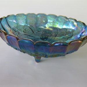 Vintage Blue Carnival Glass Oval Center Bowl Footed Fruit Bowl Indiana Glass Centerpiece image 1