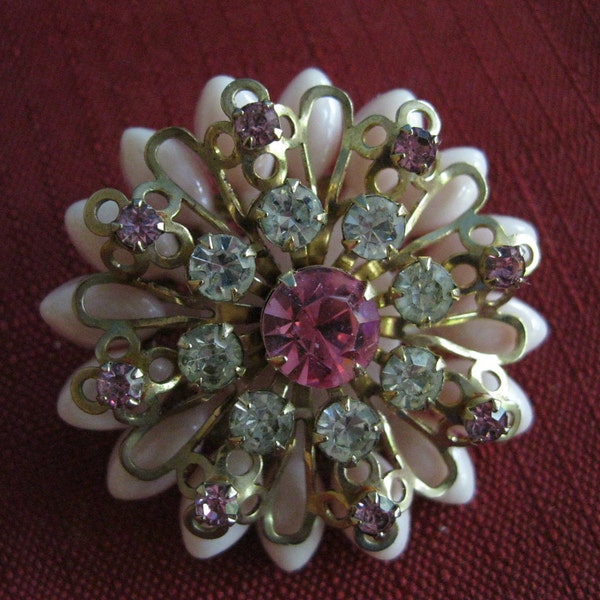 Pink Rhinestone Flower Brooch  Plastic Vintage