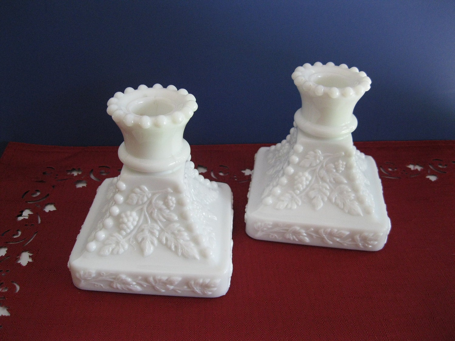 Milk Glass Candle Holders Westmoreland Beaded Grape Design Etsy