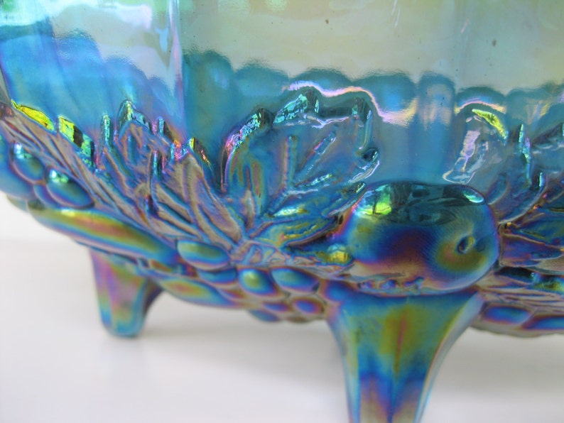 Vintage Blue Carnival Glass Oval Center Bowl Footed Fruit Bowl Indiana Glass Centerpiece image 4