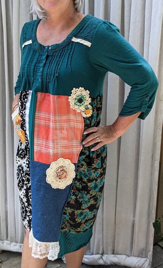 Fun Whimsical Ladies Woman's Heirloom Upcycled Artwear Teal Patchwork Dress  - Sz M - Etsy