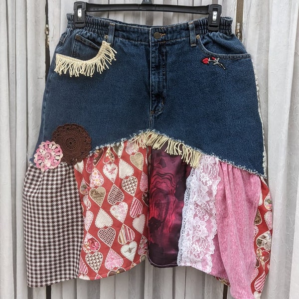 Western Boho Upcycled Hearts Jean Patchwork Skirt-Sz16