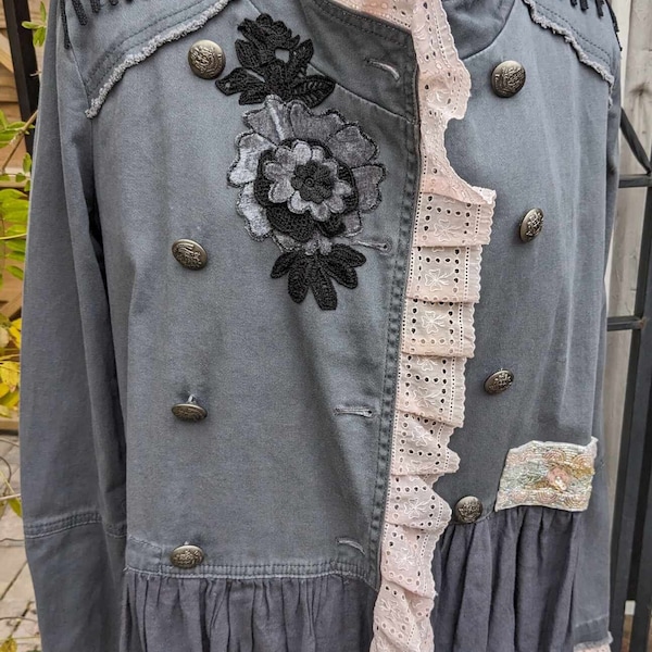 Dark Grey Upcycled  Boho Chic Military Jacket w Pink Vintage Cotton Lace Trim