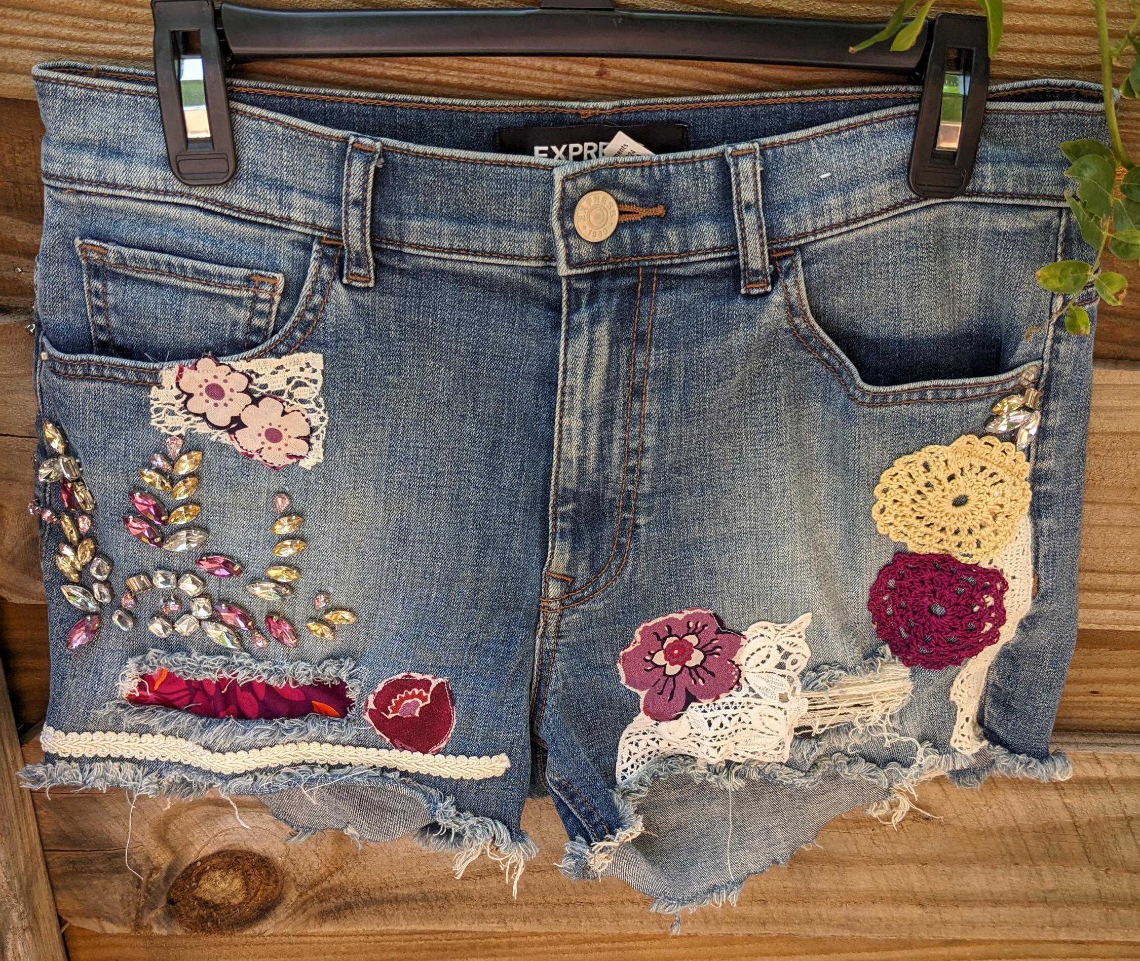 Heirloom Upcycled Artwear Denim Shorts: Vintage Lace, Purple Gems