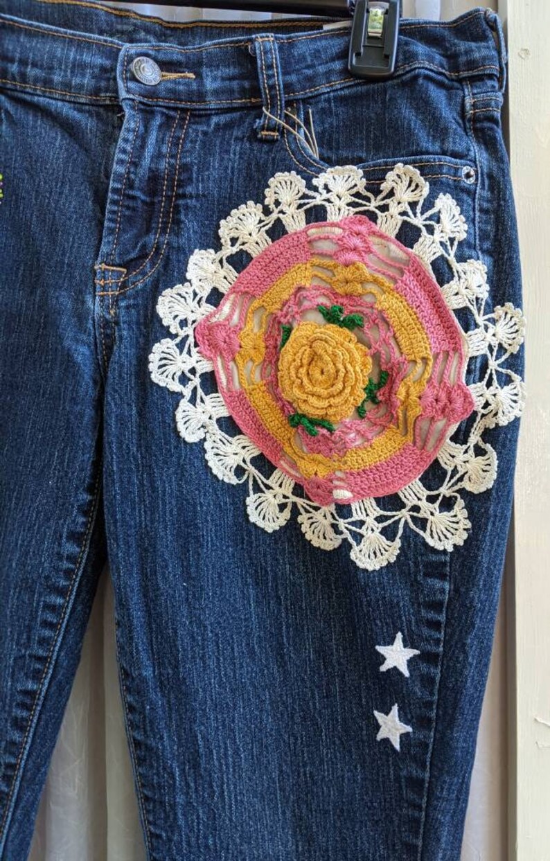 Repurposed Fun Whimsical Boho Chic Jean Capris Sz 10 vintage embellished