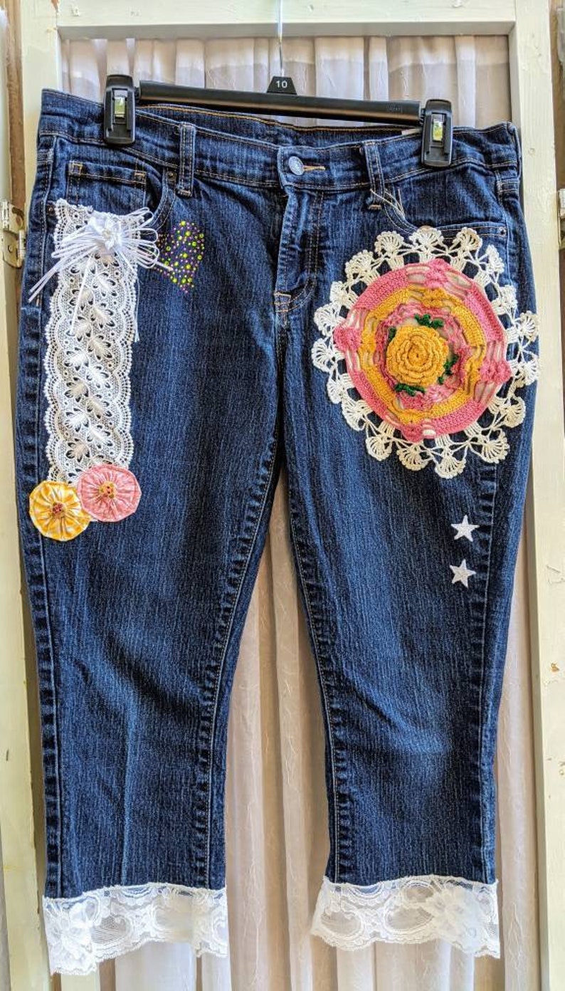 Repurposed Fun Whimsical Boho Chic Jean Capris Sz 10 vintage embellished