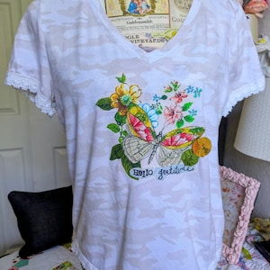 Upcycled Camo T-Shirt: Boho Butterfly Applique, Size L
