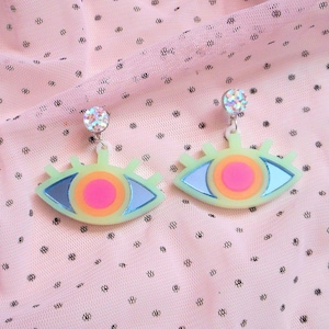 Colorful Neon Evil Eye Stud Earrings, Acrylic Earrings, Plastic Laser Cut Jewelry, Hypoallergenic image 1