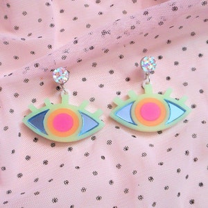 Colorful Neon Evil Eye Stud Earrings, Acrylic Earrings, Plastic Laser Cut Jewelry
