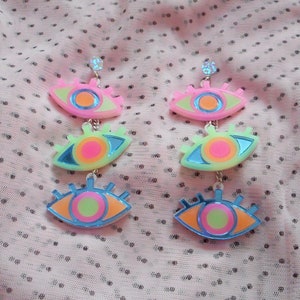 Colorful Neon Third Eye / Evil Eye Dangle Earrings with hypoallergenic Studs, Acrylic Earrings, Plastic Laser Cut Jewelry image 1