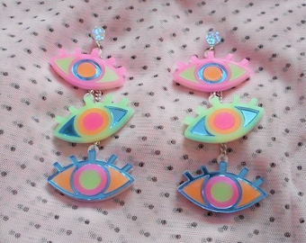 Colorful Neon Third Eye / Evil Eye Dangle Earrings with hypoallergenic Studs, Acrylic Earrings, Plastic Laser Cut Jewelry