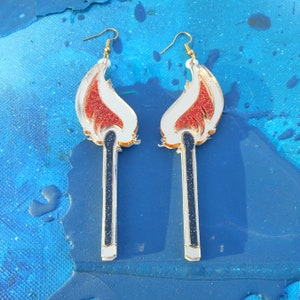 Colorful Glitter Lit Match, Matchstick, Flame Acrylic Hypoallergenic Earrings with Gold Tone Earring Posts or Earring Hooks, Plastic Jewelry