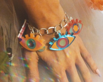 Colorful Neon Evil Eye Acrylic Charm Bracelet with Thick Silver Chain, Plastic Laser Cut Jewelry